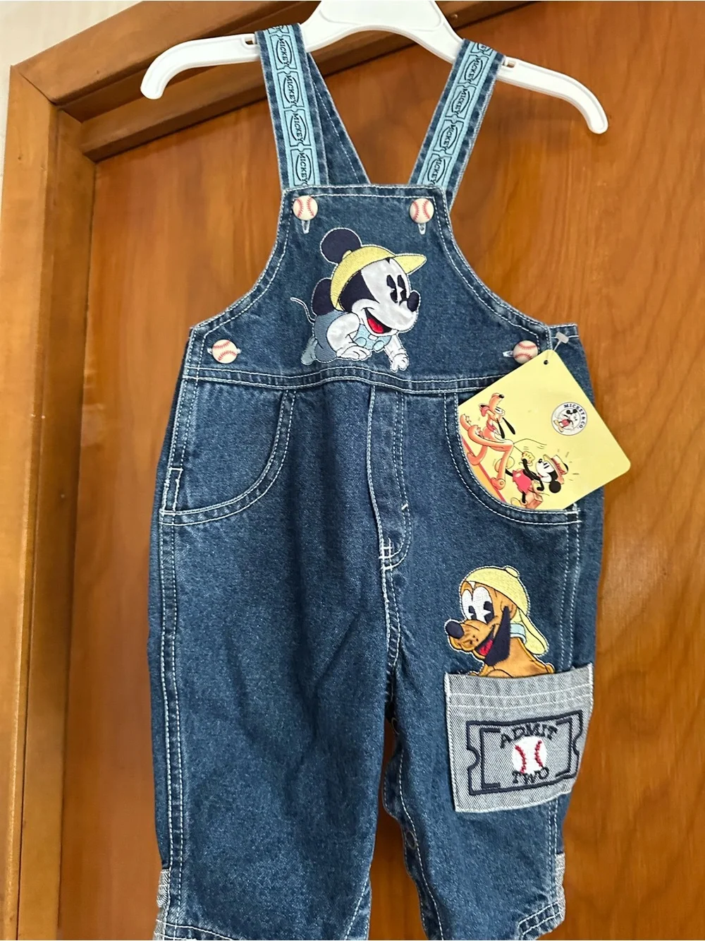 Vintage Disney Baby Mickey & Pluto Baseball Denim Overalls NWT 6–9M